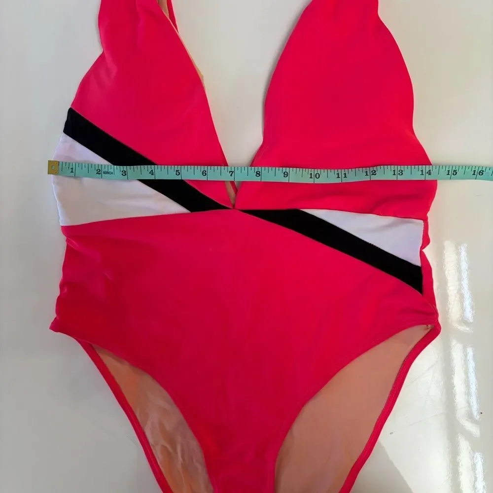 Fabletics Maro Mallet Medium One-Piece Swimsuit Plunge Front/Back Hot Coral